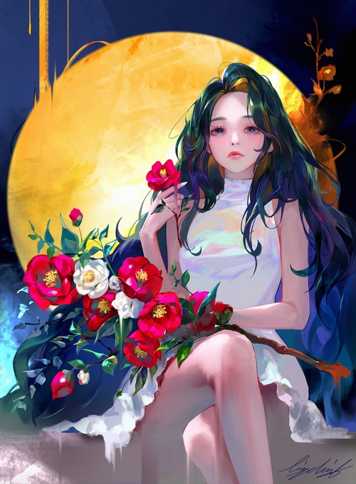 Liz Son with flowers and a large moon