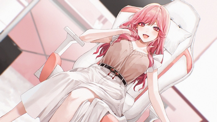 Anime girl with pink hair sitting in a gaming chair