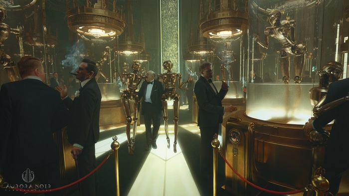 Men in a retro science fiction room with robots