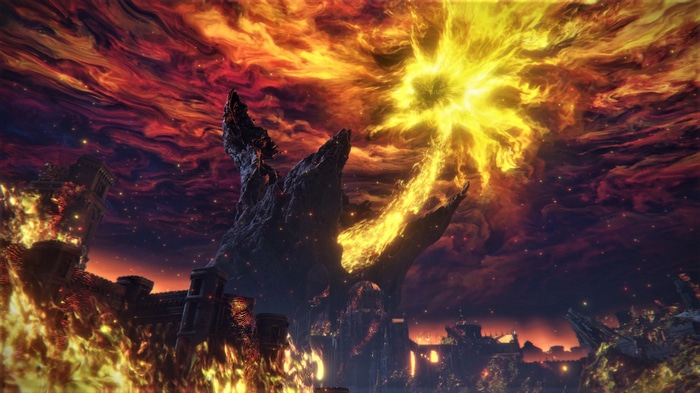 Elden Ring: Fiery Sky and Ruined Architecture