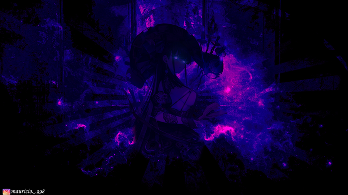 Anime girl with violet clothing and cosmic background