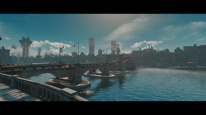 Fallout 4 cityscape with bridge and river