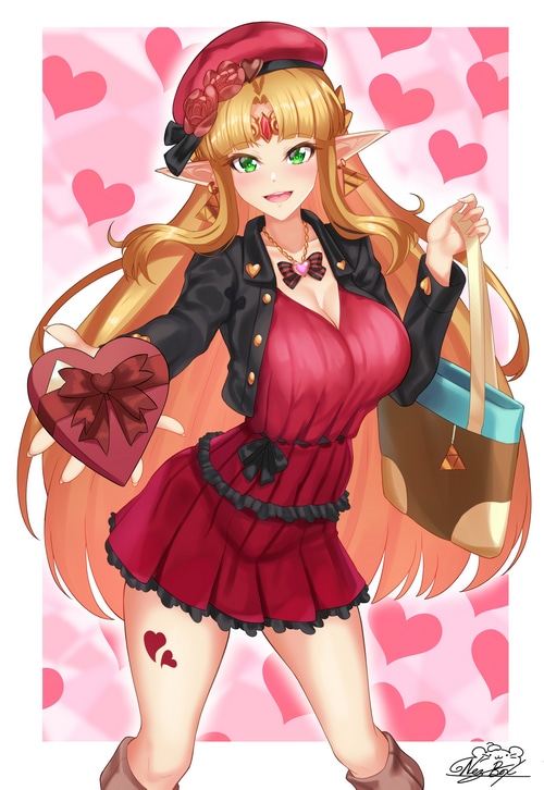 Zelda with a heart-shaped chocolate box and shopping bag