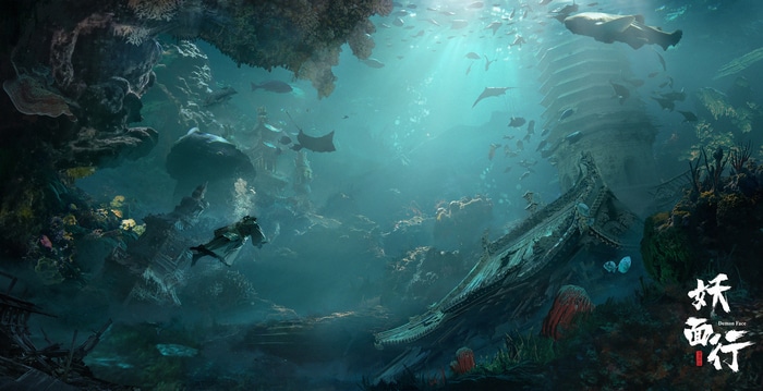 Underwater ruins with a diver and fish