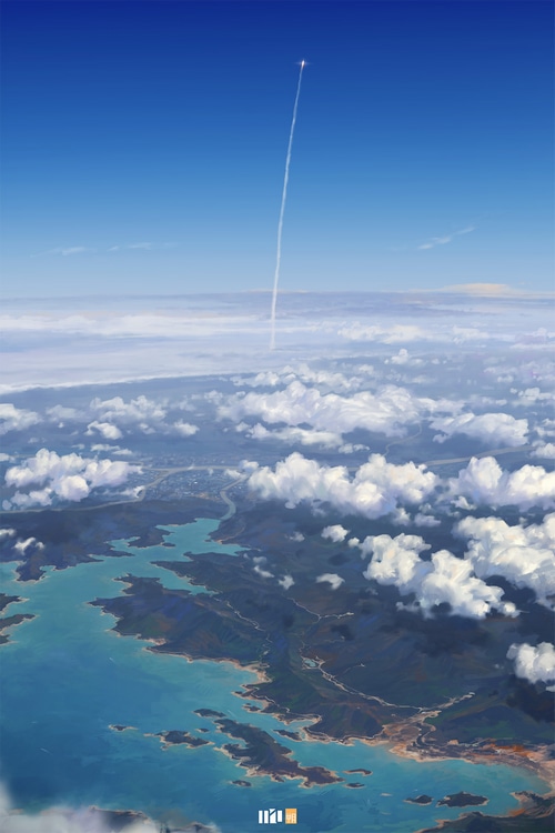 Rocket Launching into the Sky Above Clouds and Land