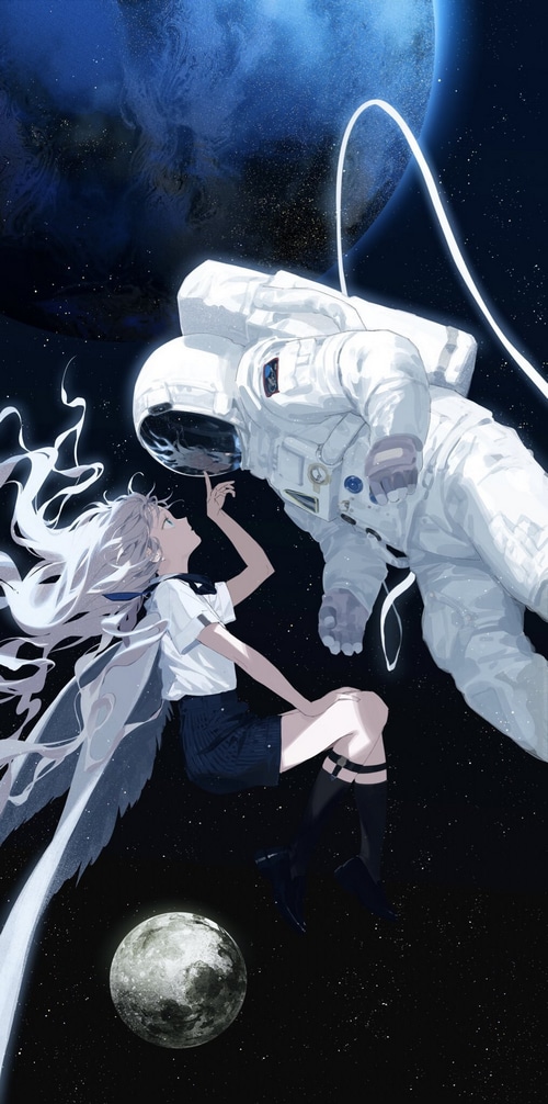 Fantasy girl and astronaut in space