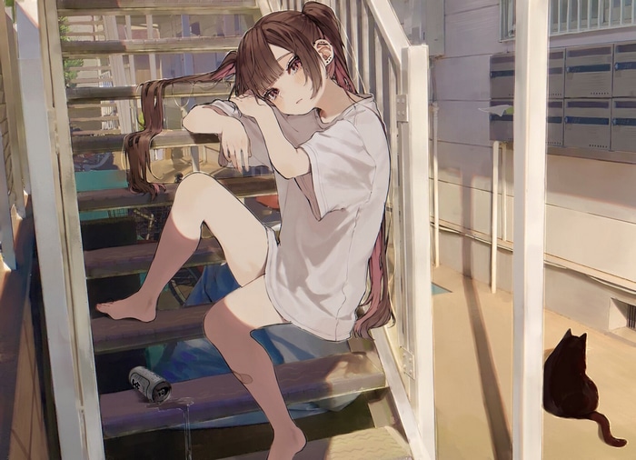 Girl with pigtails and a cat on stairs