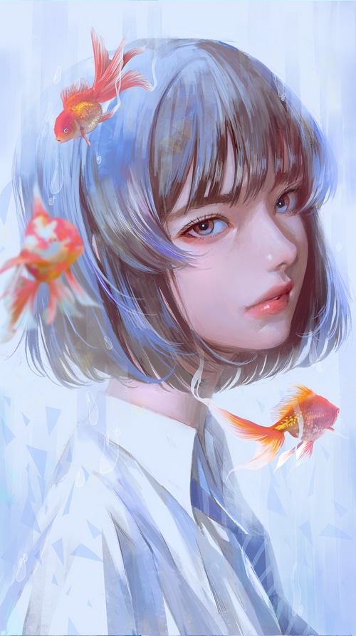 Fantasy girl with goldfish in water