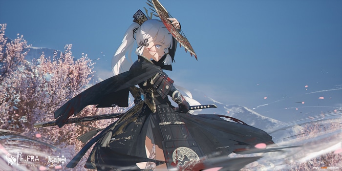Genshin Impact anime girl with katana and cherry blossoms