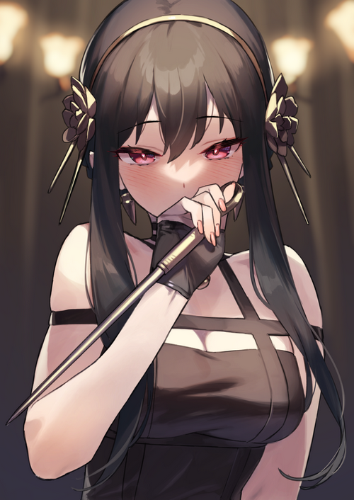 Yor Forger with red eyes holding a knife