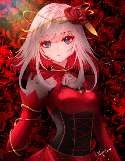 Anime girl with white hair and blue eyes in a red dress