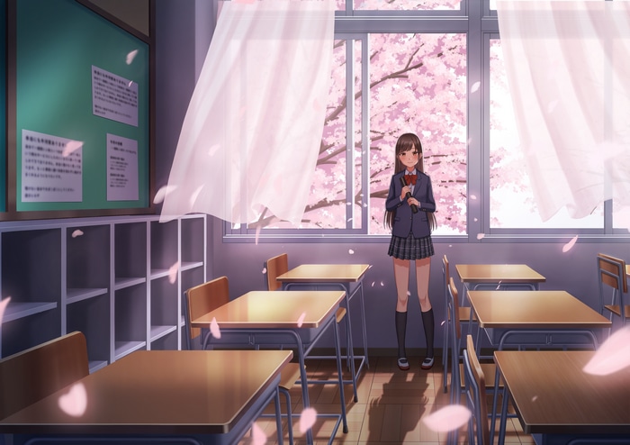 4K classroom with cherry blossoms and school uniform
