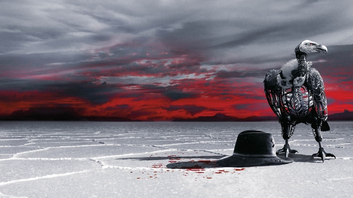 Westworld robot vulture and hat on salt flats