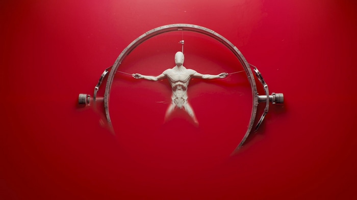 Westworld robot suspended in red liquid