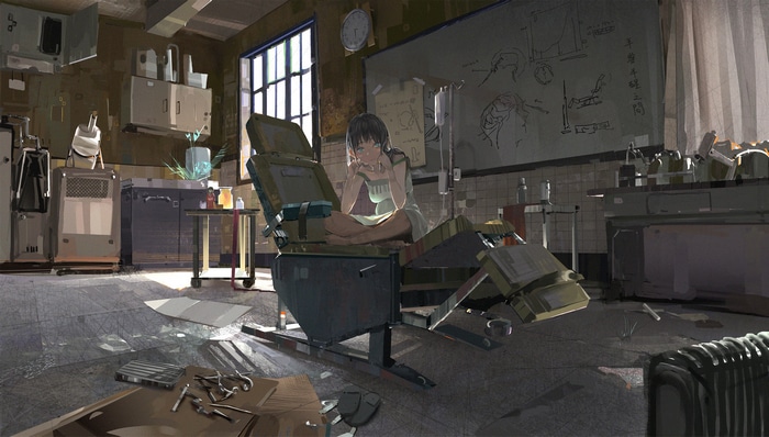 Anime girl in a messy laboratory
