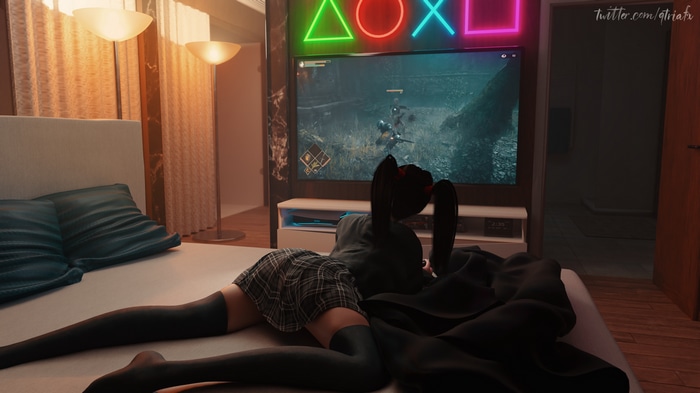 Girl playing video games in bed