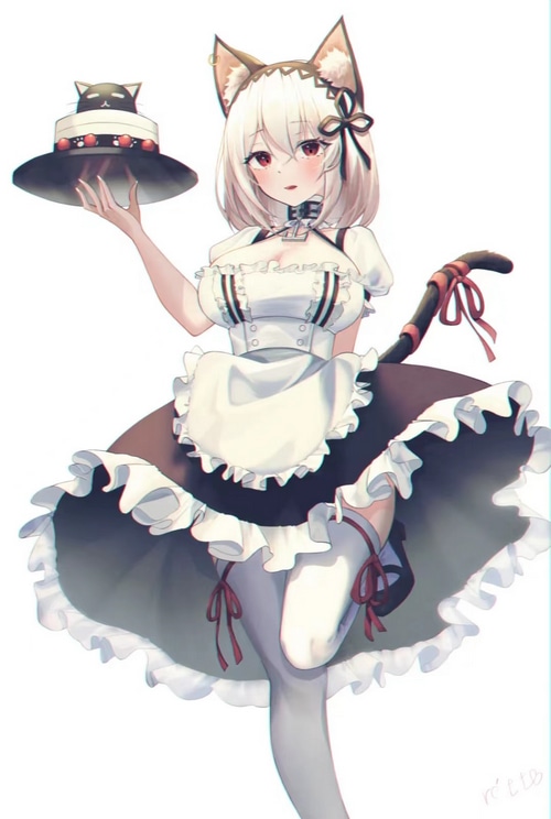 Cat girl maid holding a cake with a cat on top