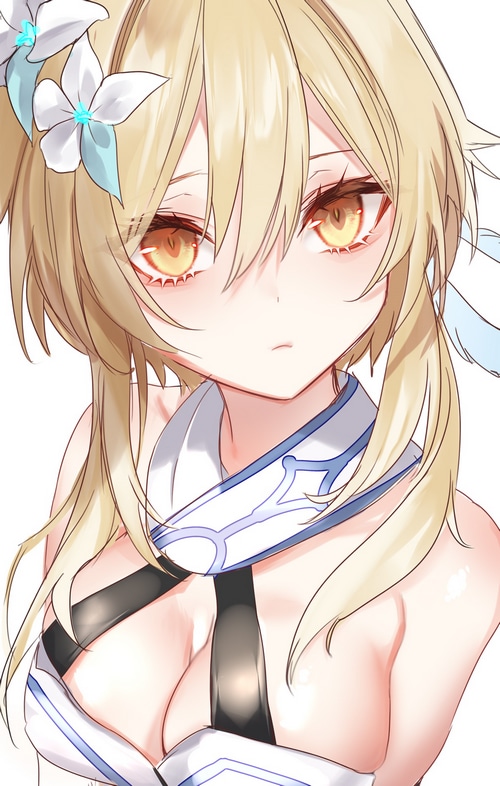 Lumine from Genshin Impact with yellow eyes and blonde hair
