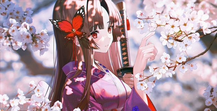 Brunette girl in kimono with butterfly hair clip and katana