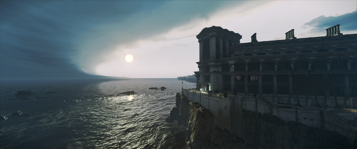 Dishonored 2 screenshot of a coastal building