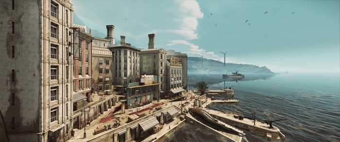 Dishonored 2 cityscape with harbor and distant windmills
