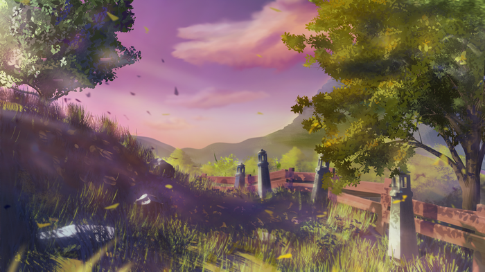 Colorful landscape painting of grass and trees