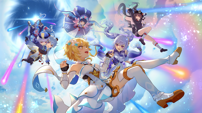 Genshin Impact: Lumine, Keqing, Hu Tao, Qiqi, and Ganyu