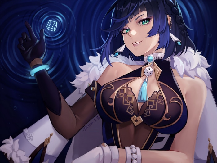 Yelan from Genshin Impact with a glowing dice