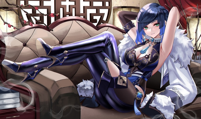 Yelan from Genshin Impact lounging on a couch