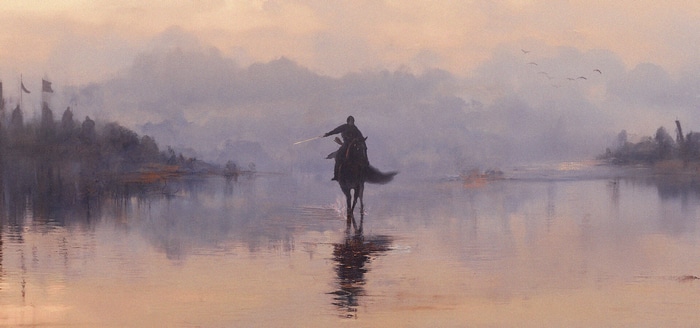Knight on horseback in a misty landscape