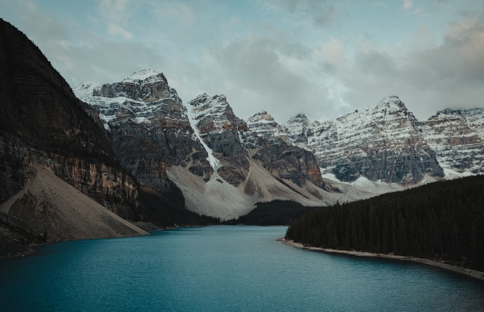 Moraine Lake and snow-capped mountains in Banff National Park
