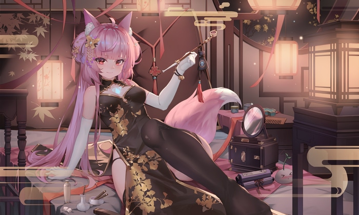 Fox girl in Chinese dress with pink hair and tail