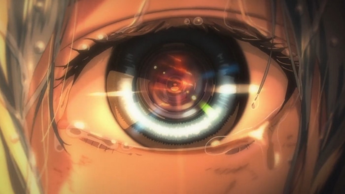 Close-up of an anime eye with camera lens iris