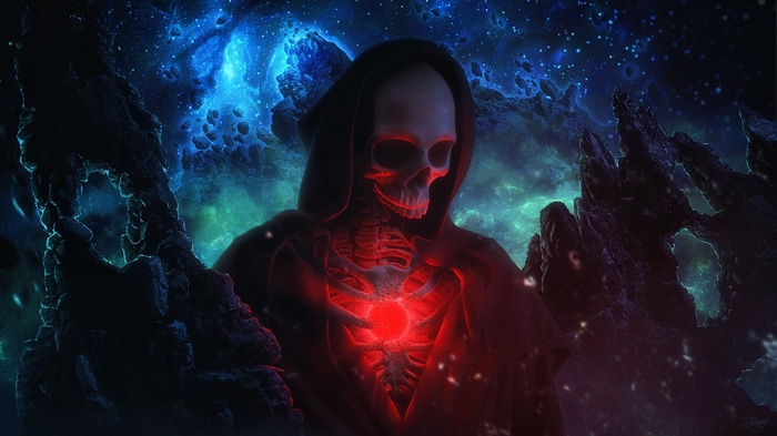Skeleton with glowing heart in cosmic background
