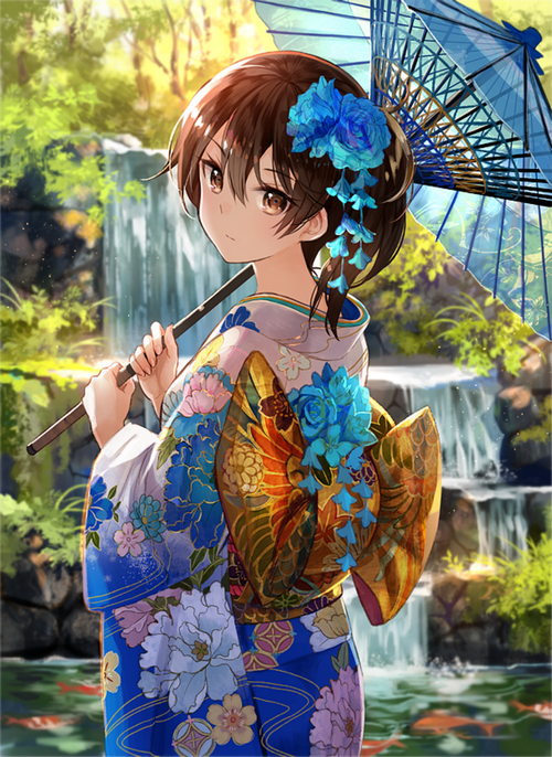 Kaga in a Kimono with an Umbrella