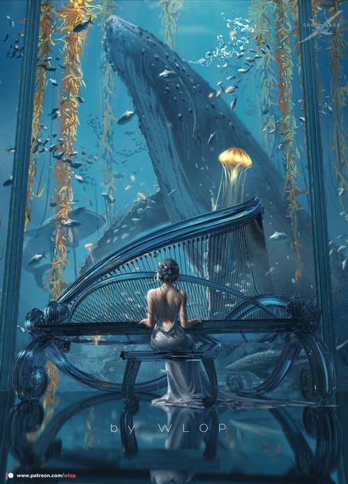 Woman playing piano with whale and jellyfish