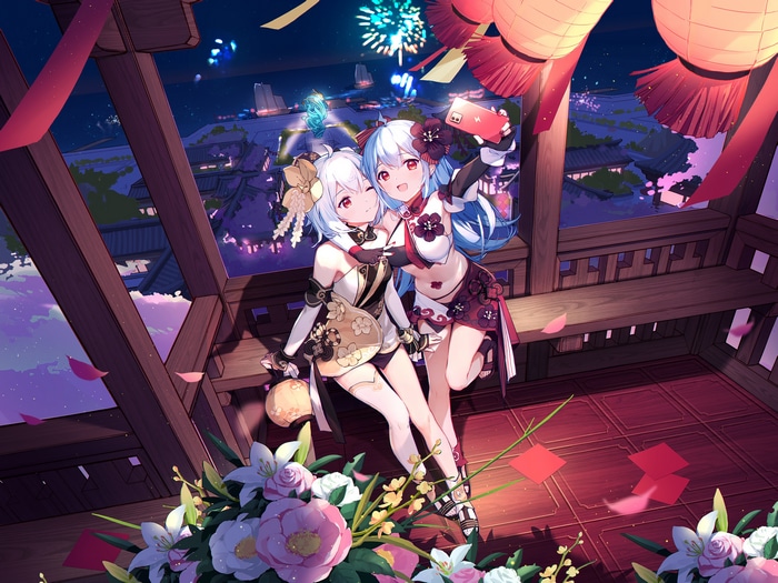 Two anime girls taking a selfie at night with fireworks