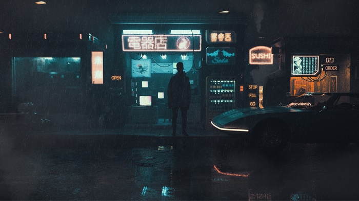Cyberpunk street scene with a person and a car