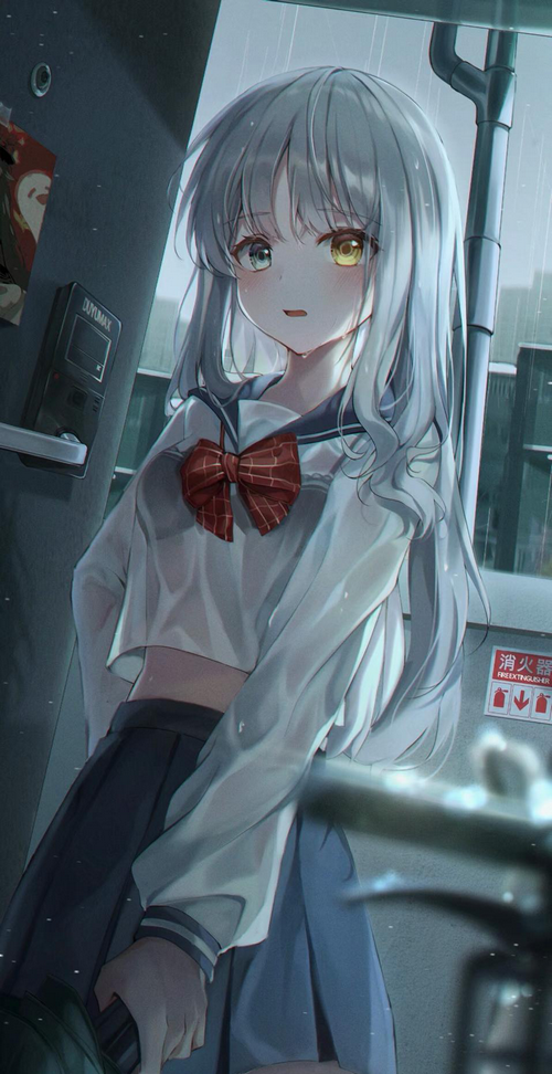 Anime girl in school uniform in the rain