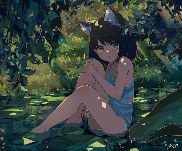 Cat girl sitting in water with lily pads