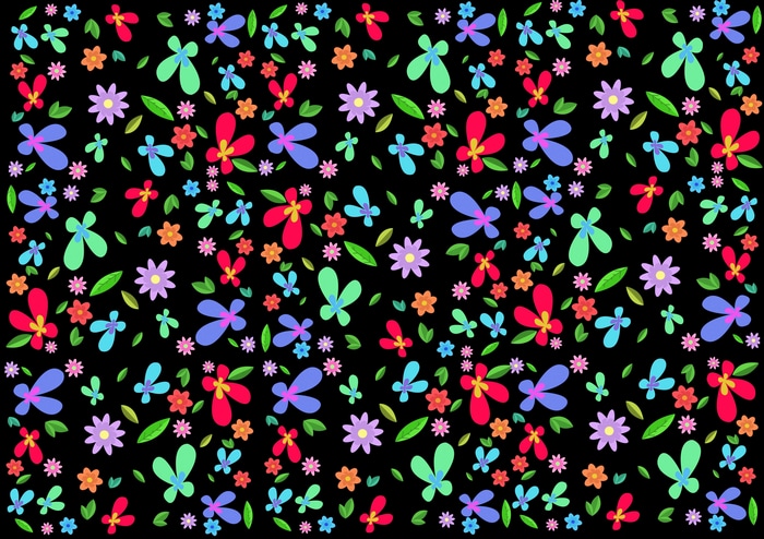 Colorful flowers and leaves pattern on black background