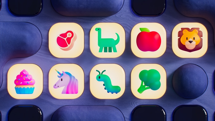 Icons of a steak, dinosaur, apple, lion, cupcake, unicorn, caterpillar, and broccoli
