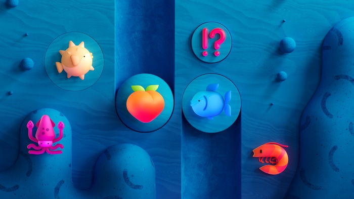 4K blue icons with sea creatures and fruit