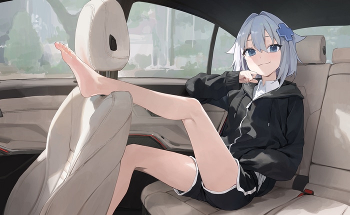 4K anime girl with feet up in car