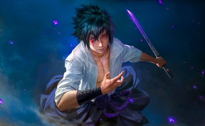 Uchiha Sasuke with a purple glowing sword