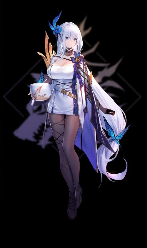 Swd3e2 character with white dress and blue butterflies