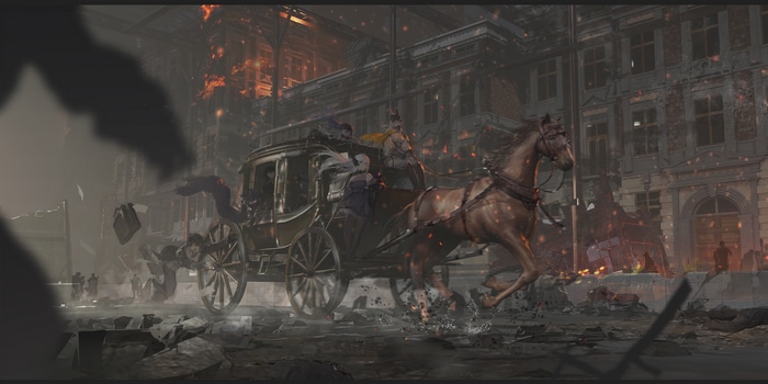 Horse-drawn carriage in a burning city with ruins
