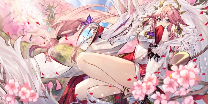4K Yae Miko with a fox spirit and cherry blossoms