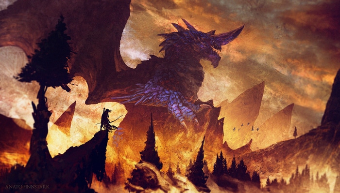 Dragon and Archer in a Fantasy Landscape by Anato Finnstark