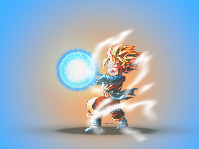 Son Goten charging a blue energy blast
